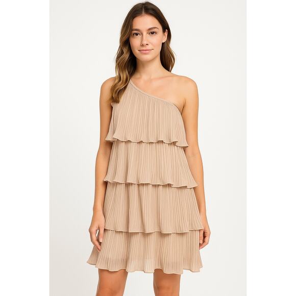 ZESICA One Shoulder Pleated Tiered Mini Dress Women’s Size Small Beige Tan - Picture 1 of 6